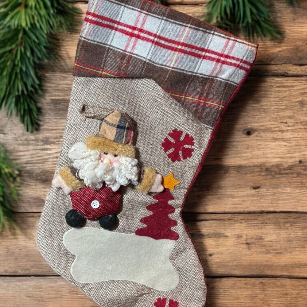 Christmas Stocking With Santa & Plaid Cuff Design 17" NWOT